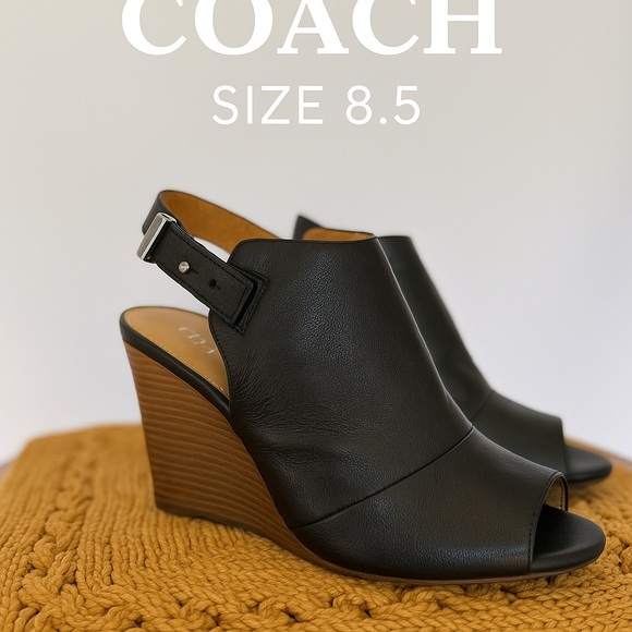 Coach Black Leather Peep Toe Slingback Wedge Sandals Size 8.5 - Picture 1 of 9